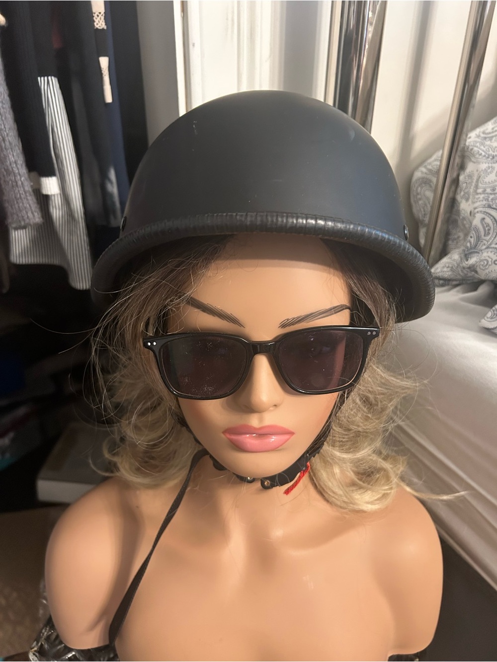 Women’s German style Matte Black Helmet with Chin Strap - Classic Style